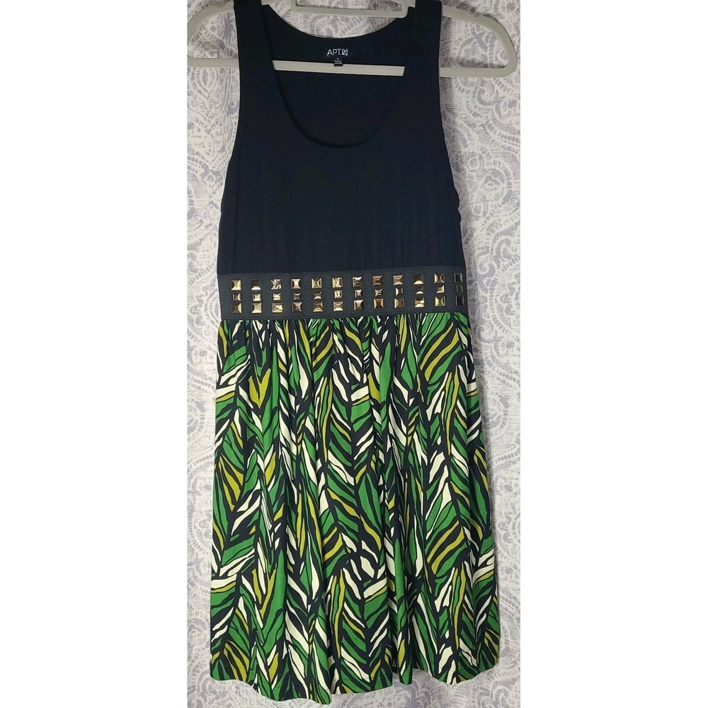 Apt 9 Studded Waist Dress Womens Small Black Green Leaf Print Sleeveless Fit...